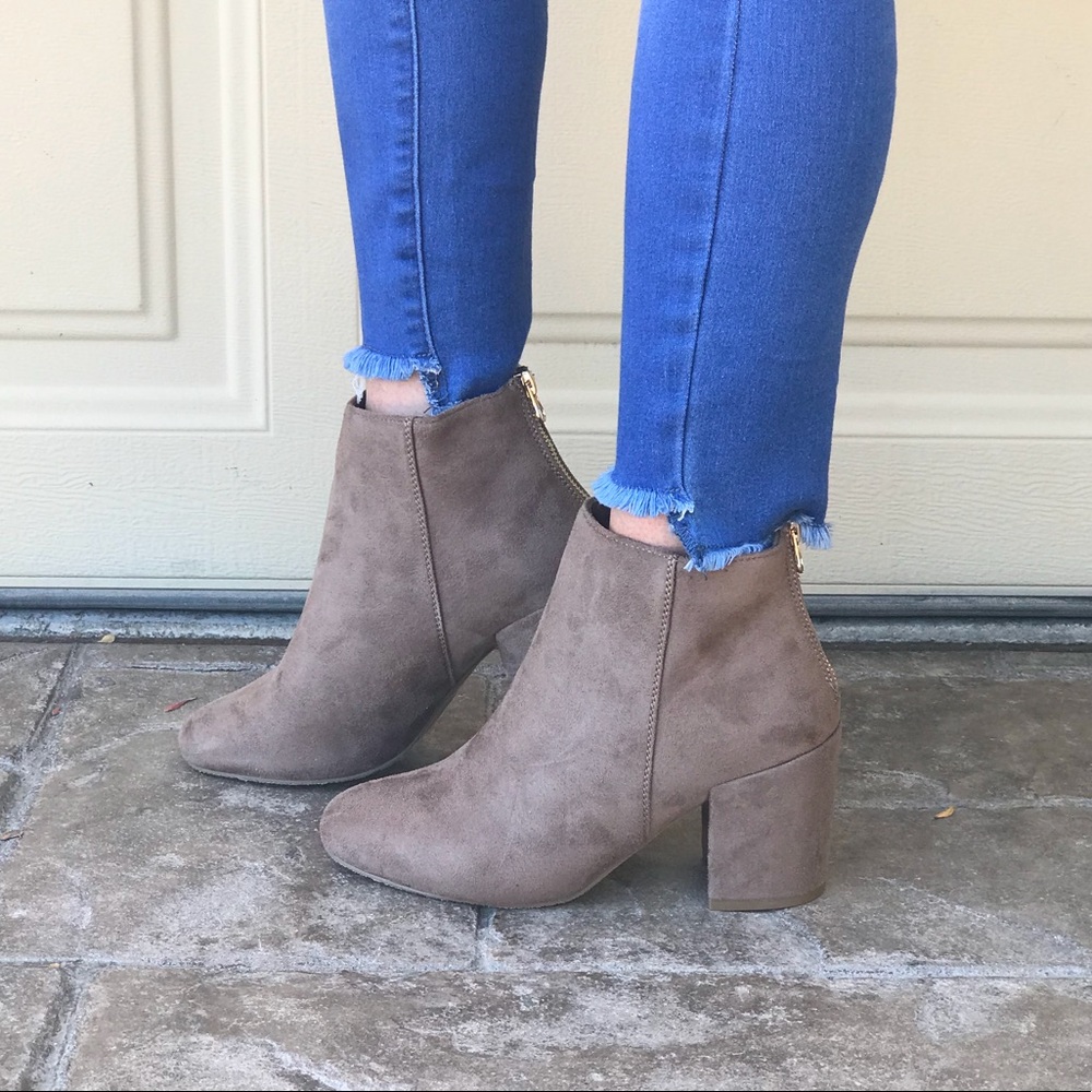 Taupe Round Toe Wrapped Chunky Heel Booties - Picture 2 of 4
